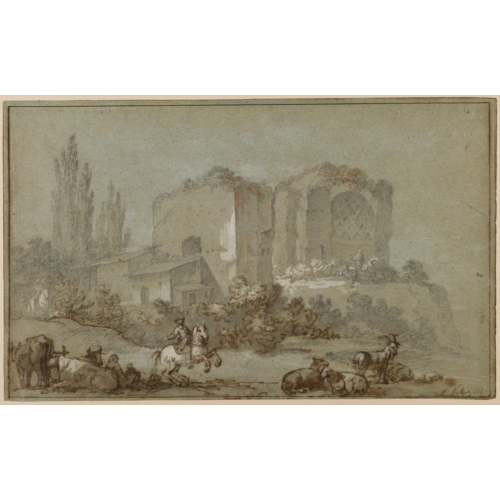 Landscape with a Horseman and Animals before the Temple of Venus and Roma